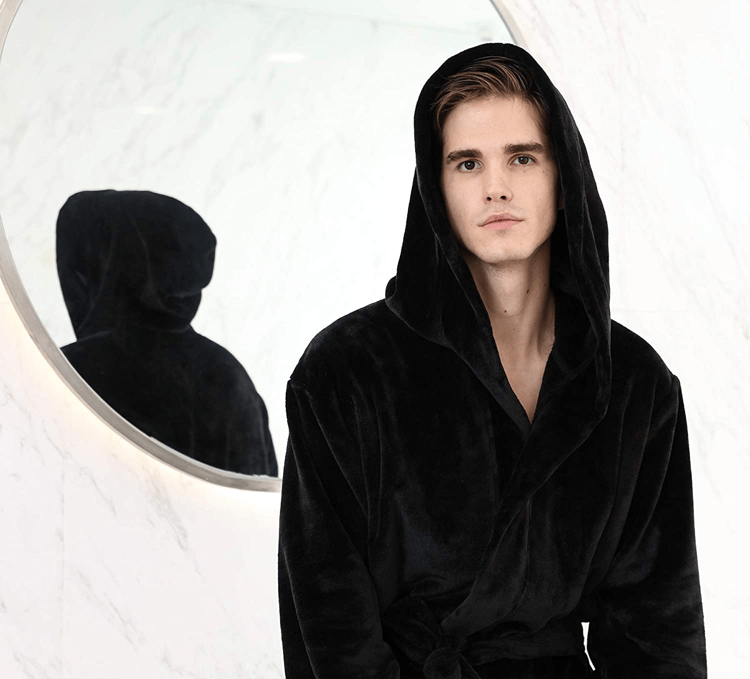 YIMANIE Mens Flannel Robe Hooded Plush Shawl Long Bathrobe Sleepwear Apparel & Accessories > Clothing > Sleepwear & Loungewear > Robes Kylie Max   