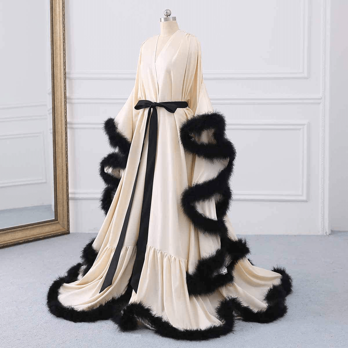 Yinyyinhs Women'S Feather Bridal Robe Wedding Scarf Long Lingerie Robe Nightgown Bathrobe Sleepwear with Belt Apparel & Accessories > Clothing > Sleepwear & Loungewear > Robes yinyyinhs   