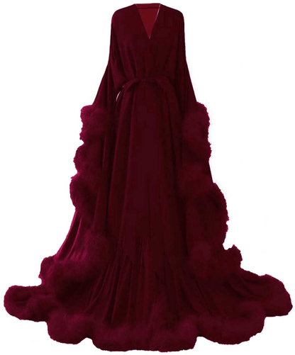 Yinyyinhs Women'S Feather Bridal Robe Wedding Scarf Long Lingerie Robe Nightgown Bathrobe Sleepwear with Belt Apparel & Accessories > Clothing > Sleepwear & Loungewear > Robes yinyyinhs Burgundy 3X-Large 