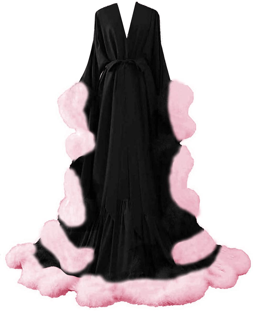 Yinyyinhs Women'S Feather Bridal Robe Wedding Scarf Long Lingerie Robe Nightgown Bathrobe Sleepwear with Belt Apparel & Accessories > Clothing > Sleepwear & Loungewear > Robes yinyyinhs Black-pink Large-X-Large 