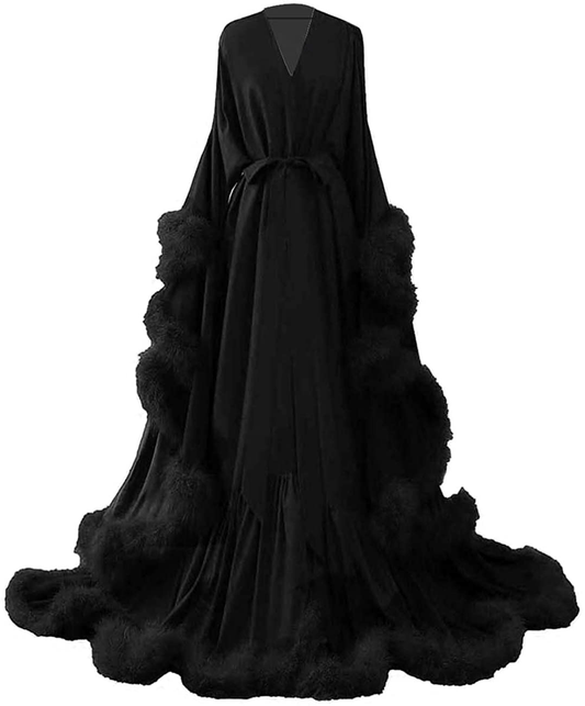 Yinyyinhs Women'S Feather Bridal Robe Wedding Scarf Long Lingerie Robe Nightgown Bathrobe Sleepwear with Belt Apparel & Accessories > Clothing > Sleepwear & Loungewear > Robes yinyyinhs Black 3X-Large 