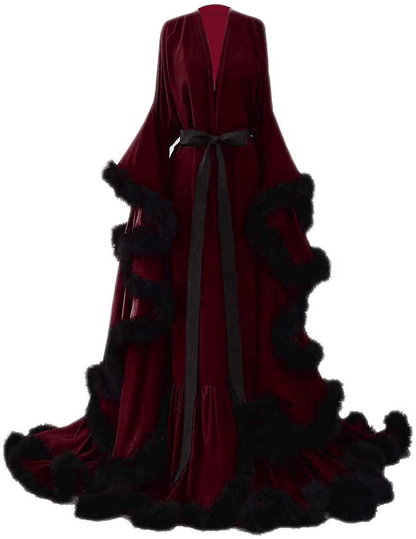 Yinyyinhs Women'S Feather Bridal Robe Wedding Scarf Long Lingerie Robe Nightgown Bathrobe Sleepwear with Belt Apparel & Accessories > Clothing > Sleepwear & Loungewear > Robes yinyyinhs Burgundy-black Large-X-Large 