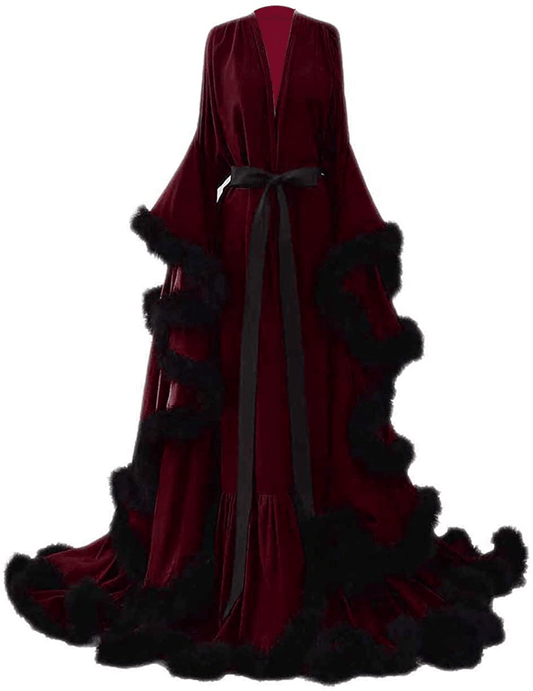 Yinyyinhs Women'S Feather Bridal Robe Wedding Scarf Long Lingerie Robe Nightgown Bathrobe Sleepwear with Belt Apparel & Accessories > Clothing > Sleepwear & Loungewear > Robes yinyyinhs Burgundy-black Large-X-Large 