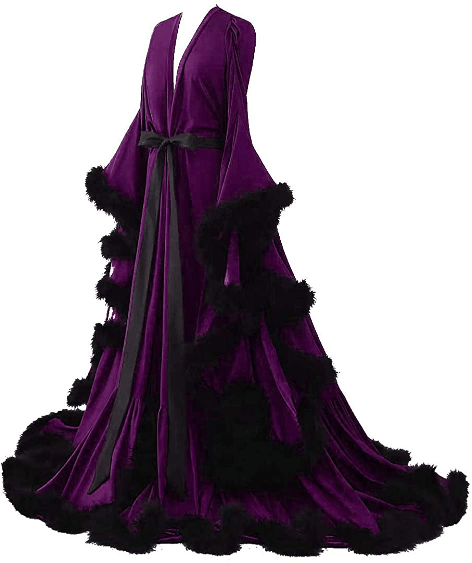 Yinyyinhs Women'S Feather Bridal Robe Wedding Scarf Long Lingerie Robe Nightgown Bathrobe Sleepwear with Belt Apparel & Accessories > Clothing > Sleepwear & Loungewear > Robes yinyyinhs   