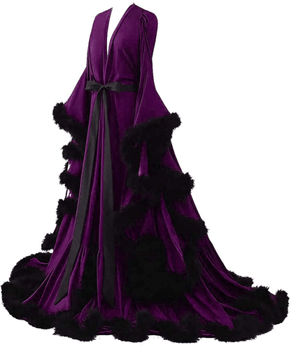 Yinyyinhs Women'S Feather Bridal Robe Wedding Scarf Long Lingerie Robe Nightgown Bathrobe Sleepwear with Belt Apparel & Accessories > Clothing > Sleepwear & Loungewear > Robes yinyyinhs   