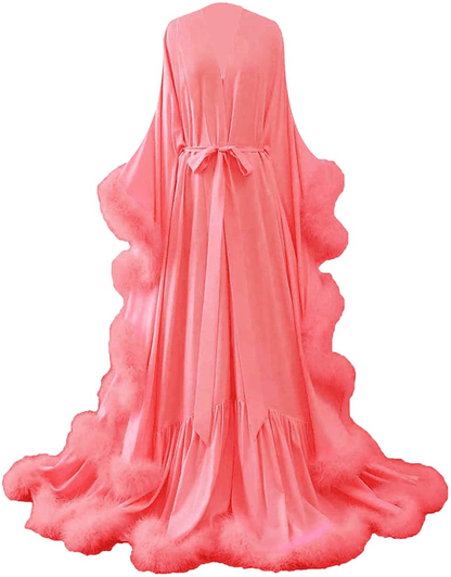 Yinyyinhs Women'S Feather Bridal Robe Wedding Scarf Long Lingerie Robe Nightgown Bathrobe Sleepwear with Belt Apparel & Accessories > Clothing > Sleepwear & Loungewear > Robes yinyyinhs Watermelon Large-X-Large 