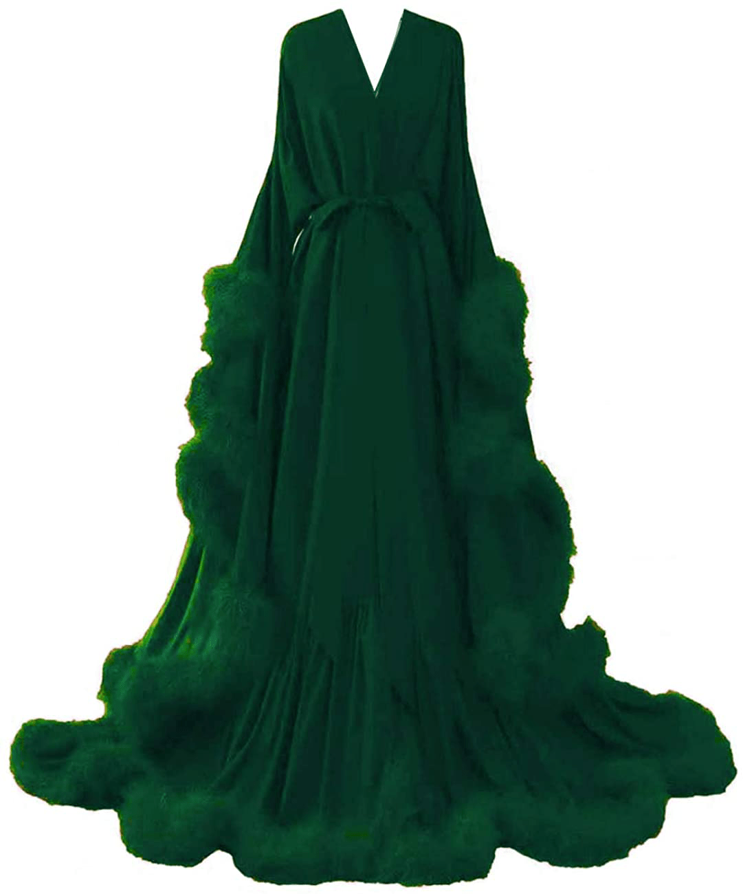 Yinyyinhs Women'S Feather Bridal Robe Wedding Scarf Long Lingerie Robe Nightgown Bathrobe Sleepwear with Belt Apparel & Accessories > Clothing > Sleepwear & Loungewear > Robes yinyyinhs Green Large-X-Large 