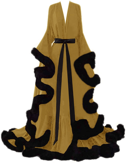 Yinyyinhs Women'S Feather Bridal Robe Wedding Scarf Long Lingerie Robe Nightgown Bathrobe Sleepwear with Belt Apparel & Accessories > Clothing > Sleepwear & Loungewear > Robes yinyyinhs Gold-black Large-X-Large 
