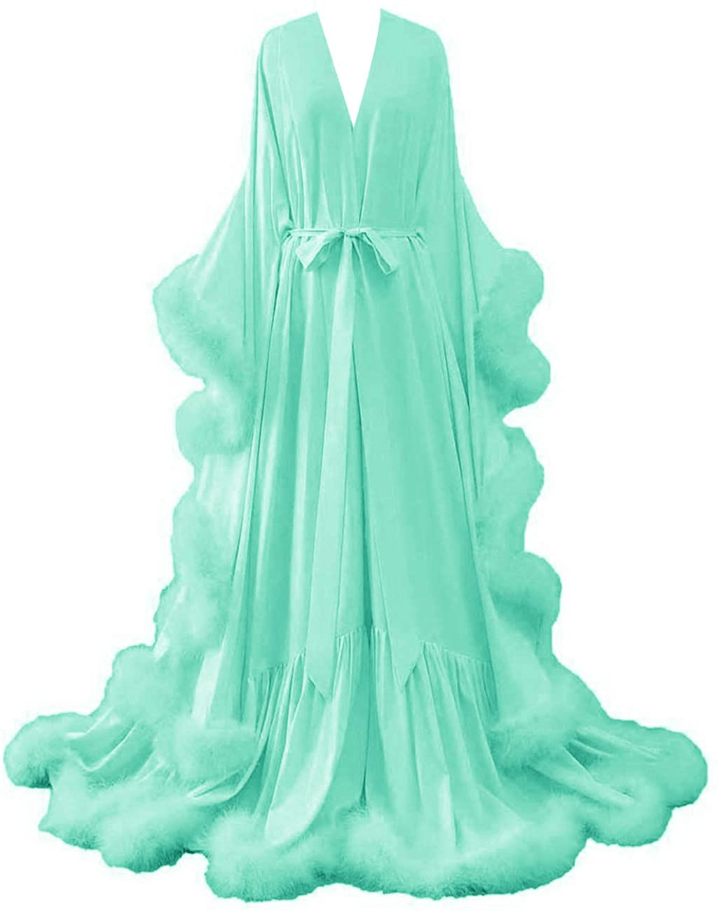 Yinyyinhs Women'S Feather Bridal Robe Wedding Scarf Long Lingerie Robe Nightgown Bathrobe Sleepwear with Belt Apparel & Accessories > Clothing > Sleepwear & Loungewear > Robes yinyyinhs   