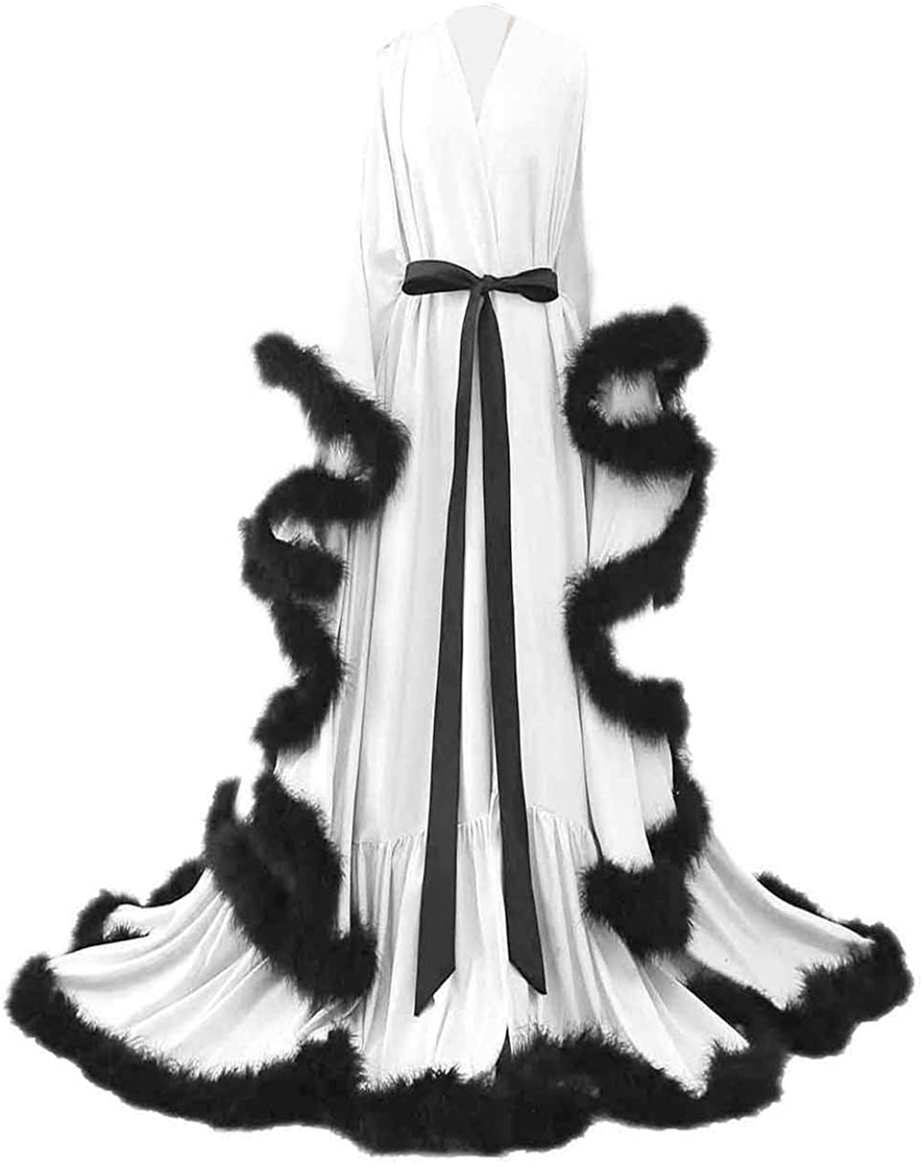 Yinyyinhs Women'S Feather Bridal Robe Wedding Scarf Long Lingerie Robe Nightgown Bathrobe Sleepwear with Belt Apparel & Accessories > Clothing > Sleepwear & Loungewear > Robes yinyyinhs   