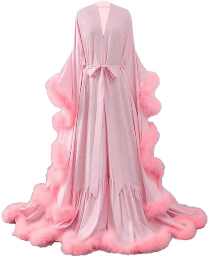 Yinyyinhs Women'S Feather Bridal Robe Wedding Scarf Long Lingerie Robe Nightgown Bathrobe Sleepwear with Belt Apparel & Accessories > Clothing > Sleepwear & Loungewear > Robes yinyyinhs Pink XX-Large 