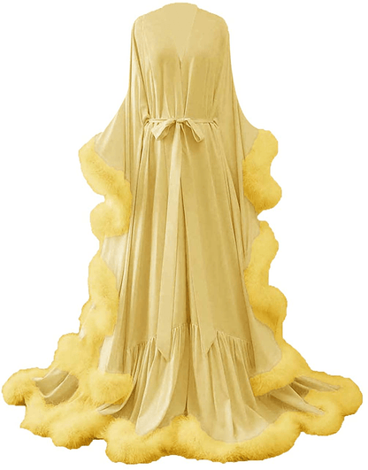 Yinyyinhs Women'S Feather Bridal Robe Wedding Scarf Long Lingerie Robe Nightgown Bathrobe Sleepwear with Belt Apparel & Accessories > Clothing > Sleepwear & Loungewear > Robes yinyyinhs Yellow XX-Large 