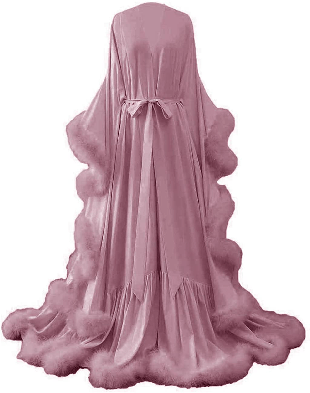 Yinyyinhs Women'S Feather Bridal Robe Wedding Scarf Long Lingerie Robe Nightgown Bathrobe Sleepwear with Belt Apparel & Accessories > Clothing > Sleepwear & Loungewear > Robes yinyyinhs Dusty Rose 4X-Large 