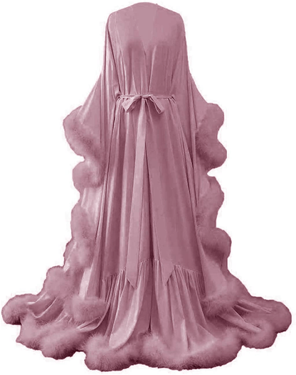 Yinyyinhs Women'S Feather Bridal Robe Wedding Scarf Long Lingerie Robe Nightgown Bathrobe Sleepwear with Belt Apparel & Accessories > Clothing > Sleepwear & Loungewear > Robes yinyyinhs Dusty Rose 4X-Large 