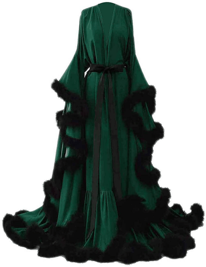 Yinyyinhs Women'S Feather Bridal Robe Wedding Scarf Long Lingerie Robe Nightgown Bathrobe Sleepwear with Belt Apparel & Accessories > Clothing > Sleepwear & Loungewear > Robes yinyyinhs Green-black 3X-Large 