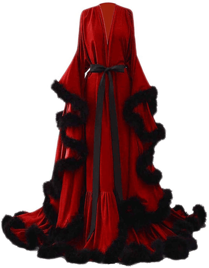 Yinyyinhs Women'S Feather Bridal Robe Wedding Scarf Long Lingerie Robe Nightgown Bathrobe Sleepwear with Belt Apparel & Accessories > Clothing > Sleepwear & Loungewear > Robes yinyyinhs Red-black Small-Medium 