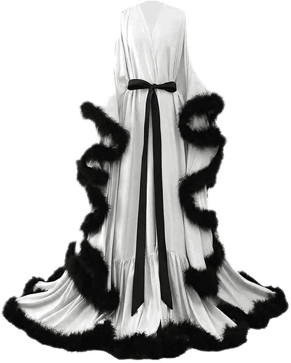 Yinyyinhs Women'S Feather Bridal Robe Wedding Scarf Long Lingerie Robe Nightgown Bathrobe Sleepwear with Belt Apparel & Accessories > Clothing > Sleepwear & Loungewear > Robes yinyyinhs Ivory-black 3X-Large 