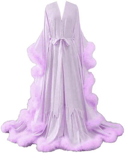 Yinyyinhs Women'S Feather Bridal Robe Wedding Scarf Long Lingerie Robe Nightgown Bathrobe Sleepwear with Belt Apparel & Accessories > Clothing > Sleepwear & Loungewear > Robes yinyyinhs Lilac Large-X-Large 