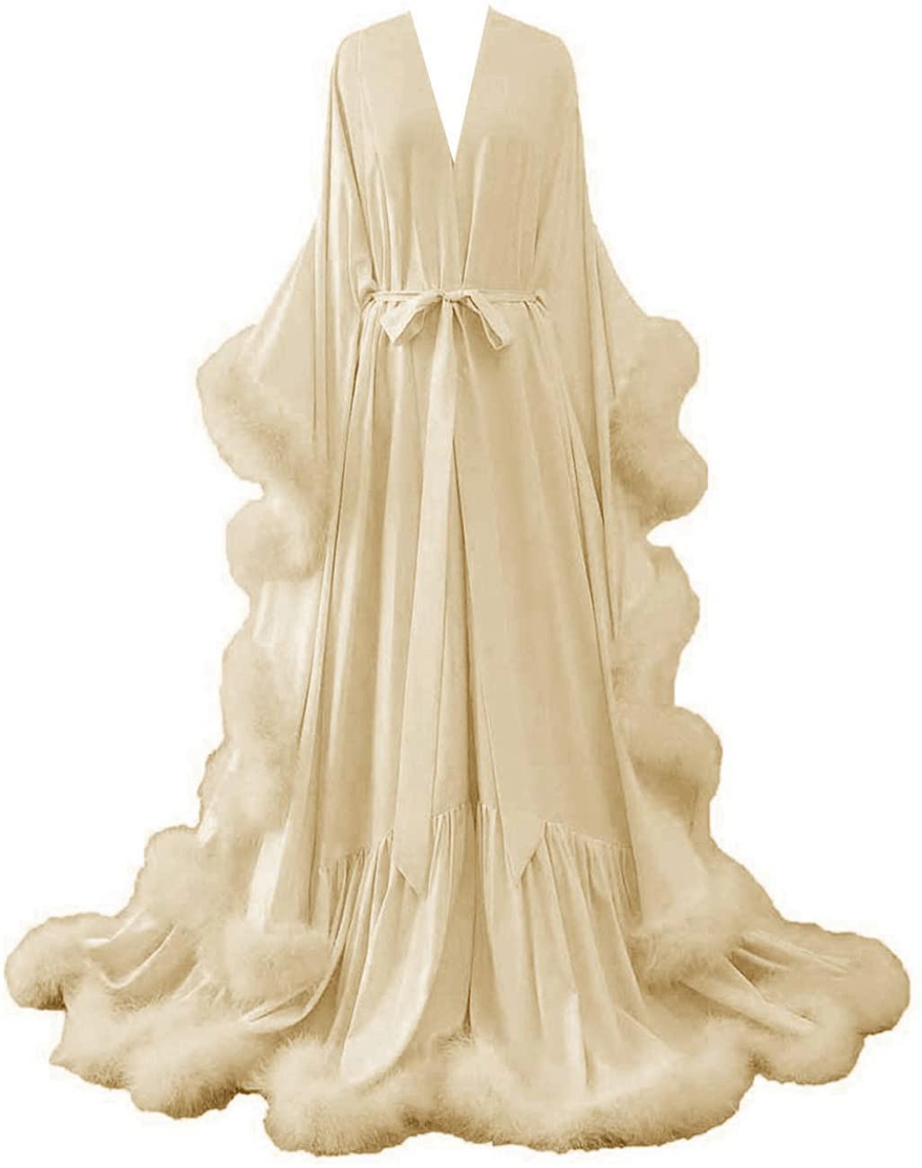 Yinyyinhs Women'S Feather Bridal Robe Wedding Scarf Long Lingerie Robe Nightgown Bathrobe Sleepwear with Belt Apparel & Accessories > Clothing > Sleepwear & Loungewear > Robes yinyyinhs   