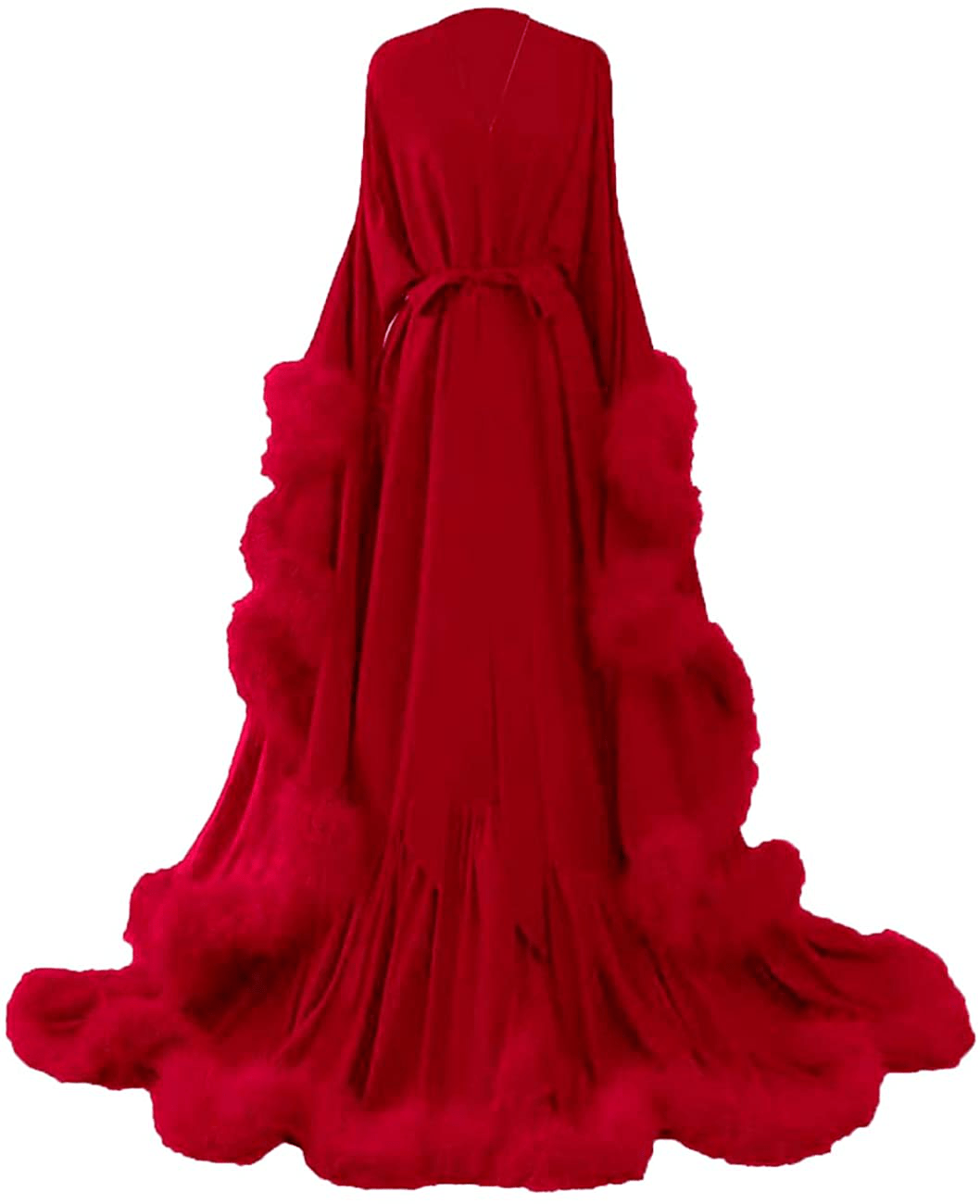 Yinyyinhs Women'S Feather Bridal Robe Wedding Scarf Long Lingerie Robe Nightgown Bathrobe Sleepwear with Belt Apparel & Accessories > Clothing > Sleepwear & Loungewear > Robes yinyyinhs Red Small-Medium 