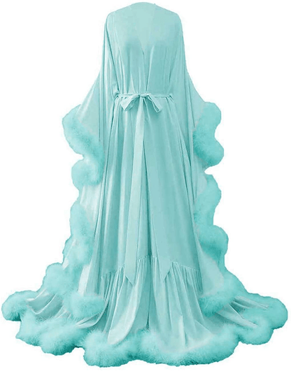 Yinyyinhs Women'S Feather Bridal Robe Wedding Scarf Long Lingerie Robe Nightgown Bathrobe Sleepwear with Belt Apparel & Accessories > Clothing > Sleepwear & Loungewear > Robes yinyyinhs Ice Blue 3X-Large 
