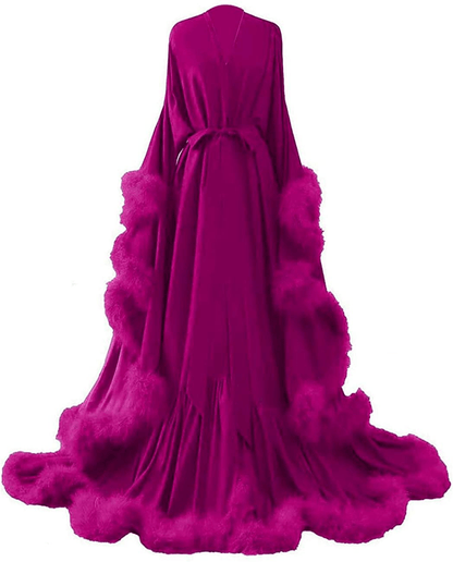 Yinyyinhs Women'S Feather Bridal Robe Wedding Scarf Long Lingerie Robe Nightgown Bathrobe Sleepwear with Belt Apparel & Accessories > Clothing > Sleepwear & Loungewear > Robes yinyyinhs Fuchsia 3X-Large 