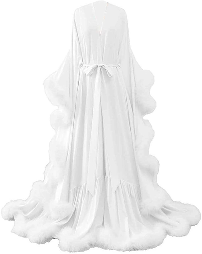 Yinyyinhs Women'S Feather Bridal Robe Wedding Scarf Long Lingerie Robe Nightgown Bathrobe Sleepwear with Belt Apparel & Accessories > Clothing > Sleepwear & Loungewear > Robes yinyyinhs White Large-X-Large 