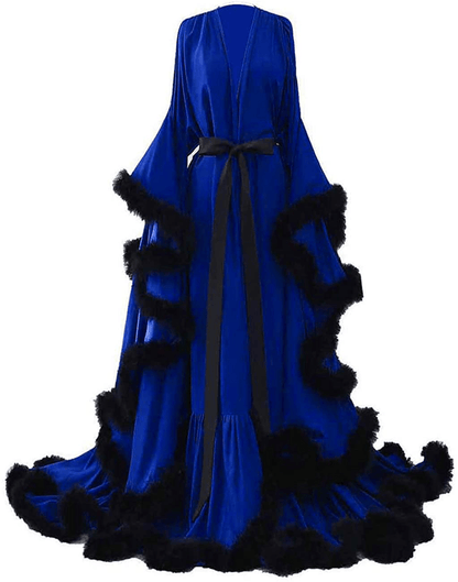 Yinyyinhs Women'S Feather Bridal Robe Wedding Scarf Long Lingerie Robe Nightgown Bathrobe Sleepwear with Belt Apparel & Accessories > Clothing > Sleepwear & Loungewear > Robes yinyyinhs Royal Blue-black 3X-Large 