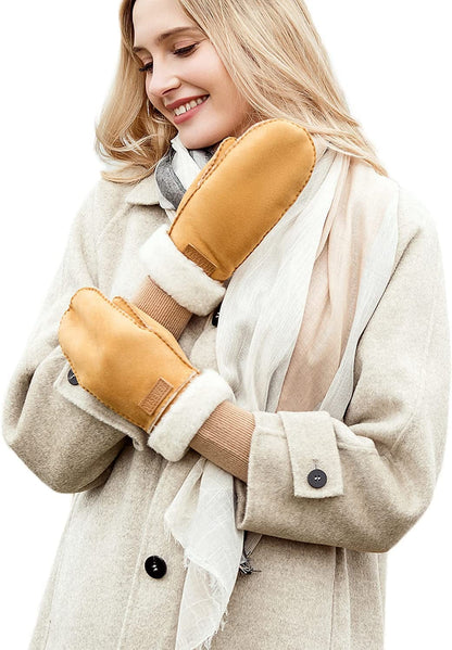 YISEVEN Women'S Rugged Sheepskin Shearling Mitten Sherpa Gloves Fur Cuff Apparel & Accessories > Clothing Accessories > Gloves & Mittens YISEVEN Cork - Leather Logo L (8"-9") 