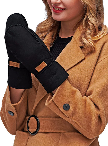 YISEVEN Women'S Rugged Sheepskin Shearling Mitten Sherpa Gloves Fur Cuff Apparel & Accessories > Clothing Accessories > Gloves & Mittens YISEVEN Black - Leather Logo M (7"-8") 