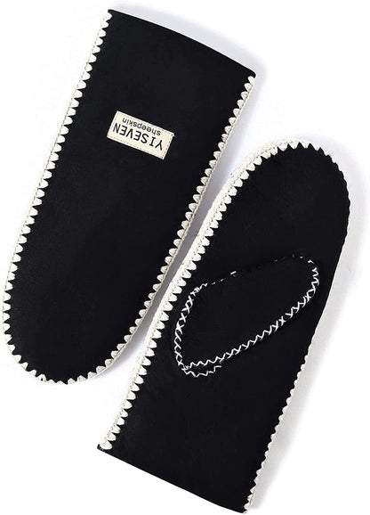 YISEVEN Women'S Rugged Sheepskin Shearling Mitten Sherpa Gloves Fur Cuff Apparel & Accessories > Clothing Accessories > Gloves & Mittens YISEVEN Black - Hand Stitched Design L (8"-9") 