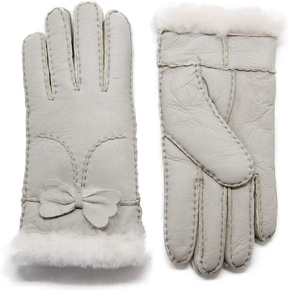 YISEVEN Women'S Winter Sheepskin Shearling Leather Gloves Mittens Two Points Apparel & Accessories > Clothing Accessories > Gloves & Mittens Charm Leather Fashion Company Ivory White - Bow L (7.5"-8") 