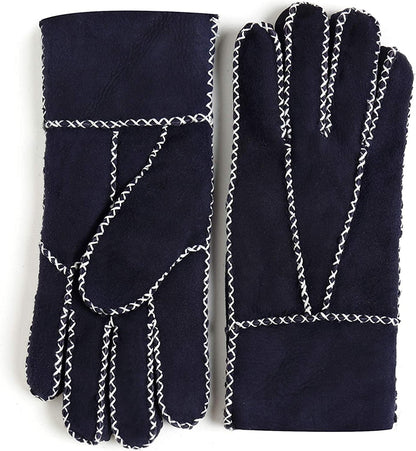 YISEVEN Women'S Winter Sheepskin Shearling Leather Gloves Mittens Two Points Apparel & Accessories > Clothing Accessories > Gloves & Mittens Charm Leather Fashion Company Navy Blue Suede - Herringbone L (7.5"-8") 