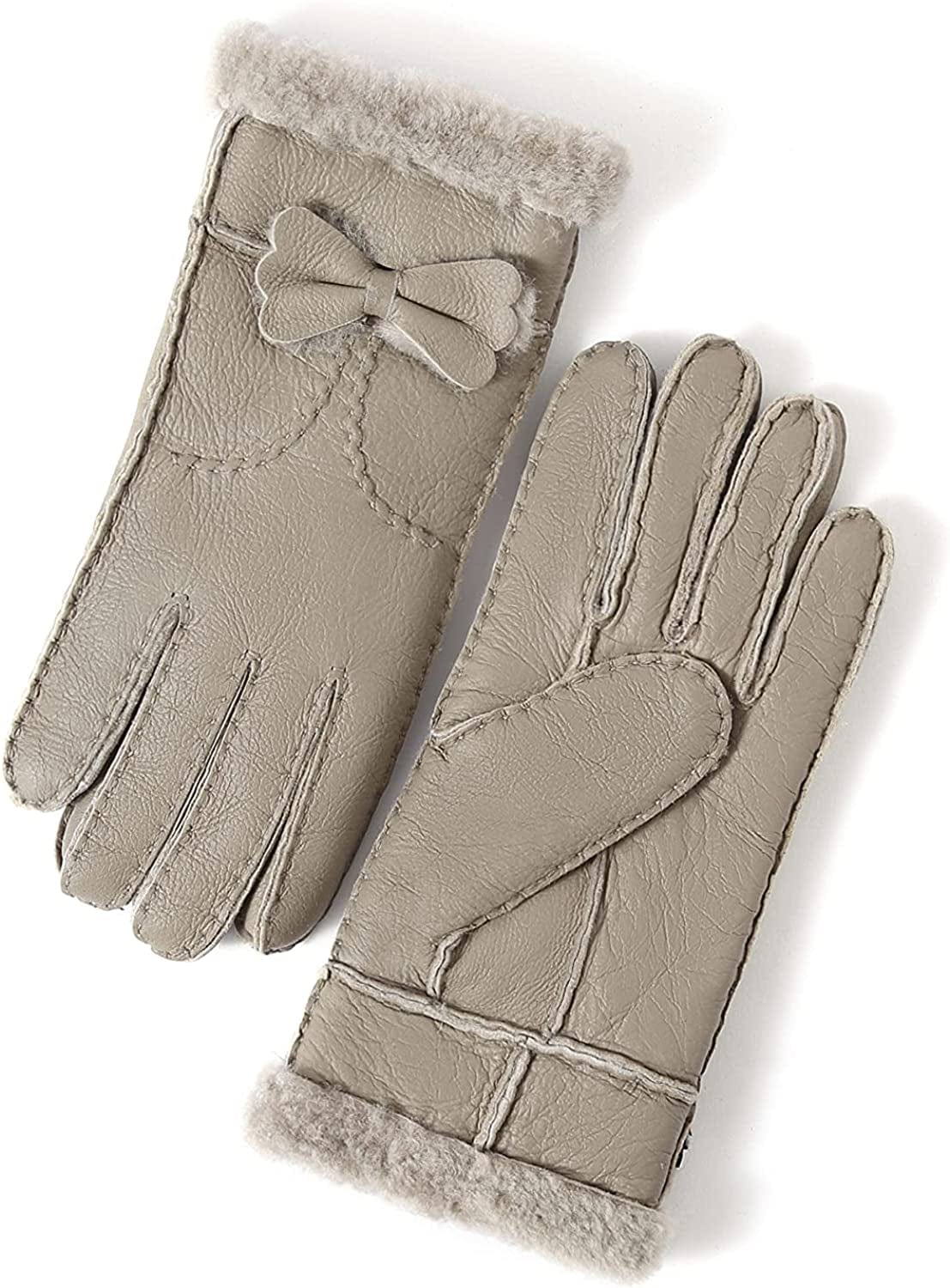 YISEVEN Women'S Winter Sheepskin Shearling Leather Gloves Mittens Two Points Apparel & Accessories > Clothing Accessories > Gloves & Mittens Charm Leather Fashion Company Taupe Suede - Bow L (7.5"-8") 
