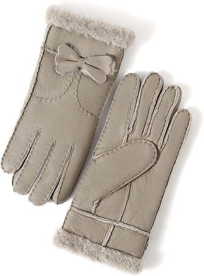 YISEVEN Women'S Winter Sheepskin Shearling Leather Gloves Mittens Two Points Apparel & Accessories > Clothing Accessories > Gloves & Mittens Charm Leather Fashion Company Taupe Suede - Bow L (7.5"-8") 