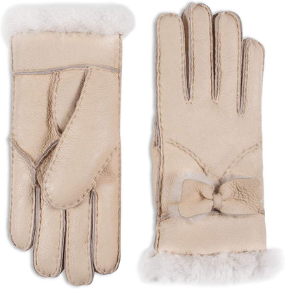 YISEVEN Women'S Winter Sheepskin Shearling Leather Gloves Mittens Two Points Apparel & Accessories > Clothing Accessories > Gloves & Mittens Charm Leather Fashion Company Beige - Bow L (7.5"-8") 