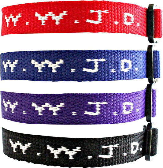Yleena 12 WWJD Bracelets - What Would Jesus Do Woven Wristbands per Pack - Religious Christian WWJD Bracelet for Fundraisers Red, Blue, Black and Purple Colors Perfect for Men Women Boys and Girls Apparel & Accessories > Jewelry > Bracelets Yleena   