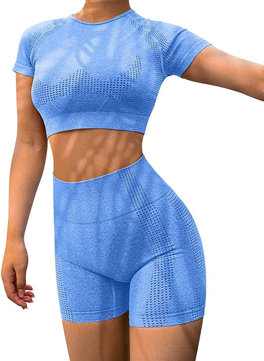 Yoga 2 Piece Outfits Workout Running Crop Top Seamless High Waist Shorts Sets Blue / Small