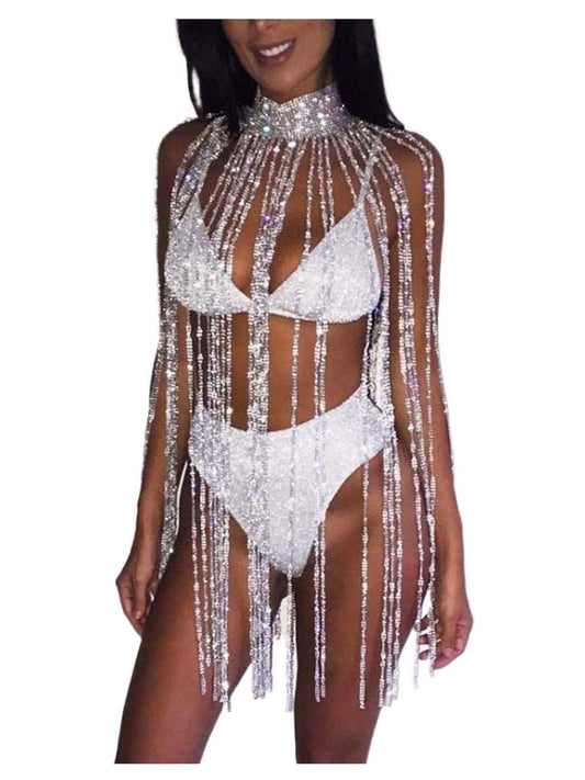 Yokawe Sparkly Rhinestone Body Chain Silver Crystal Choker Necklace Long Tassel Nightclub Rave Party Festival Body Accessories Jewelry for Women and Girls Apparel & Accessories > Jewelry > Body Jewelry Yokawe   