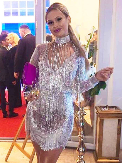 Yokawe Sparkly Rhinestone Body Chain Silver Crystal Choker Necklace Long Tassel Nightclub Rave Party Festival Body Accessories Jewelry for Women and Girls Apparel & Accessories > Jewelry > Body Jewelry Yokawe   