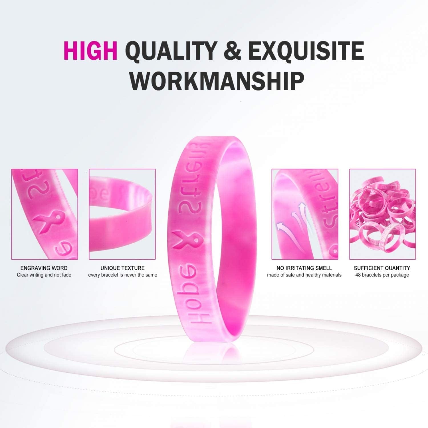 Yoleshy 48 PCS Breast Cancer Awareness Bracelets Pink Ribbon Silicone Sports Bracelets for Women Men Apparel & Accessories > Jewelry > Bracelets YoleShy   