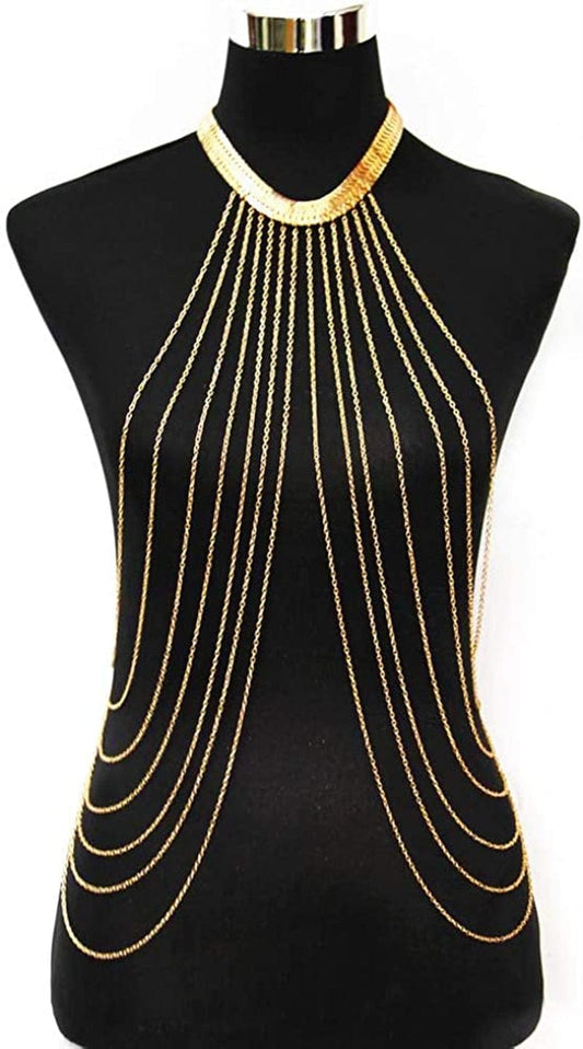 Yomiie Body Chain Layered Gold Tassels Necklace Fashion Jewelry Belly Waist Bra Boho Hot Bikini Beach Harness Anniversary Festival Gift for Women Lady Girls Apparel & Accessories > Jewelry > Body Jewelry Yomiie   