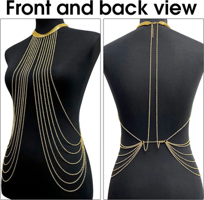 Yomiie Body Chain Layered Gold Tassels Necklace Fashion Jewelry Belly Waist Bra Boho Hot Bikini Beach Harness Anniversary Festival Gift for Women Lady Girls Apparel & Accessories > Jewelry > Body Jewelry Yomiie   