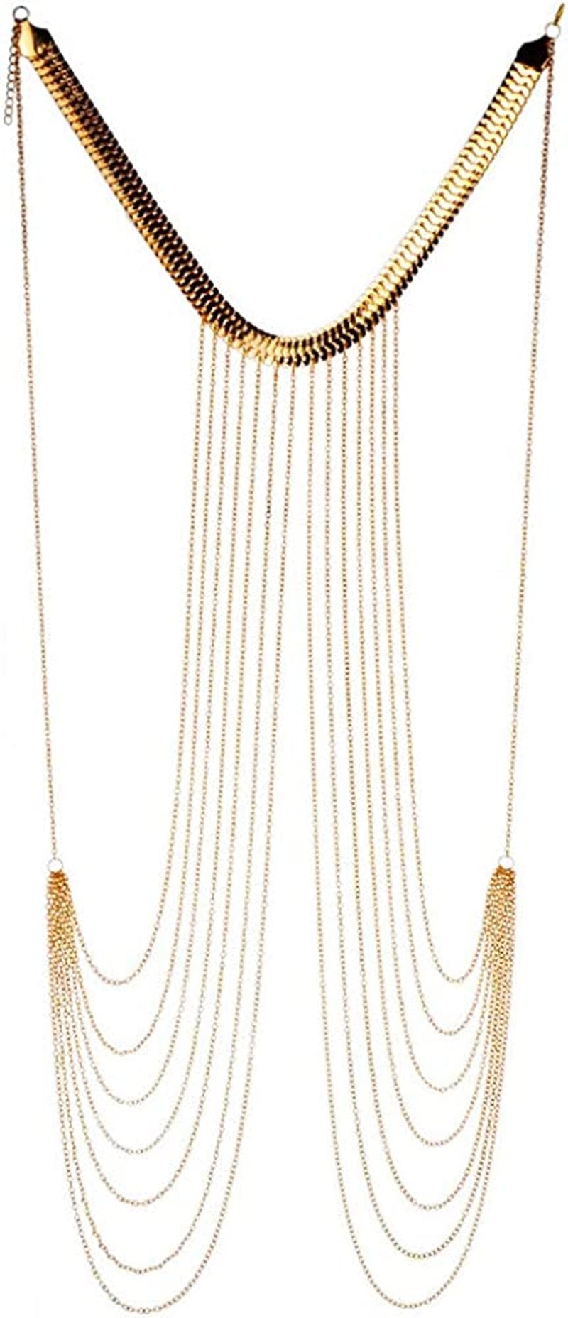 Yomiie Body Chain Layered Gold Tassels Necklace Fashion Jewelry Belly Waist Bra Boho Hot Bikini Beach Harness Anniversary Festival Gift for Women Lady Girls Apparel & Accessories > Jewelry > Body Jewelry Yomiie   