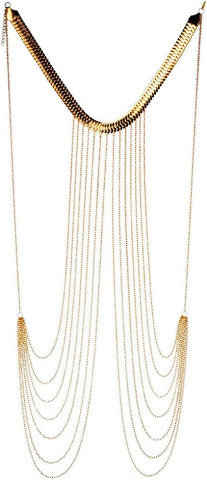 Yomiie Body Chain Layered Gold Tassels Necklace Fashion Jewelry Belly Waist Bra Boho Hot Bikini Beach Harness Anniversary Festival Gift for Women Lady Girls Apparel & Accessories > Jewelry > Body Jewelry Yomiie   