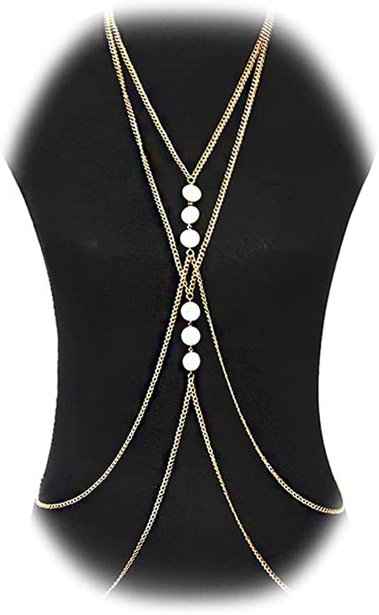 Yomiie Body Chain Layered Sexy Gold Tassels Necklace Fashion White Disc Jewelry Belly Waist Bra Hot Bikini Beach Harness Birthday Anniversary Festival Gift for Women Lady Girls Apparel & Accessories > Jewelry > Body Jewelry Yomiie   