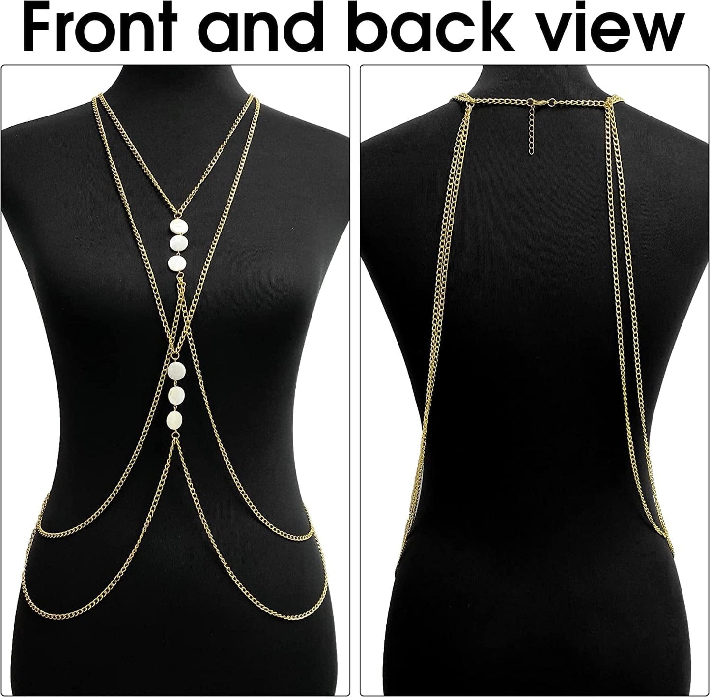 Yomiie Body Chain Layered Sexy Gold Tassels Necklace Fashion White Disc Jewelry Belly Waist Bra Hot Bikini Beach Harness Birthday Anniversary Festival Gift for Women Lady Girls Apparel & Accessories > Jewelry > Body Jewelry Yomiie   