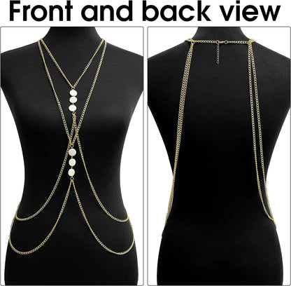 Yomiie Body Chain Layered Sexy Gold Tassels Necklace Fashion White Disc Jewelry Belly Waist Bra Hot Bikini Beach Harness Birthday Anniversary Festival Gift for Women Lady Girls Apparel & Accessories > Jewelry > Body Jewelry Yomiie   