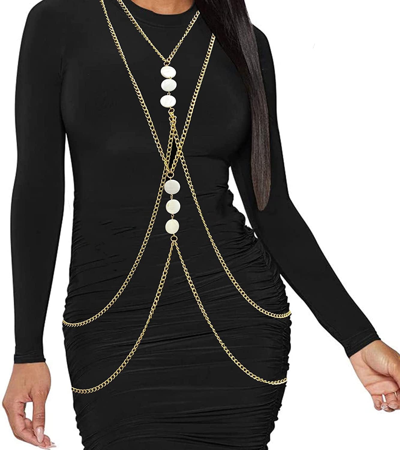 Yomiie Body Chain Layered Sexy Gold Tassels Necklace Fashion White Disc Jewelry Belly Waist Bra Hot Bikini Beach Harness Birthday Anniversary Festival Gift for Women Lady Girls Apparel & Accessories > Jewelry > Body Jewelry Yomiie   