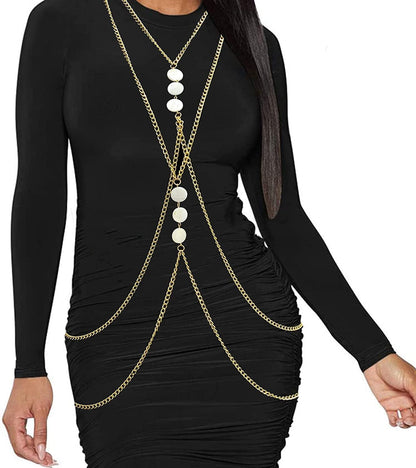 Yomiie Body Chain Layered Sexy Gold Tassels Necklace Fashion White Disc Jewelry Belly Waist Bra Hot Bikini Beach Harness Birthday Anniversary Festival Gift for Women Lady Girls Apparel & Accessories > Jewelry > Body Jewelry Yomiie   